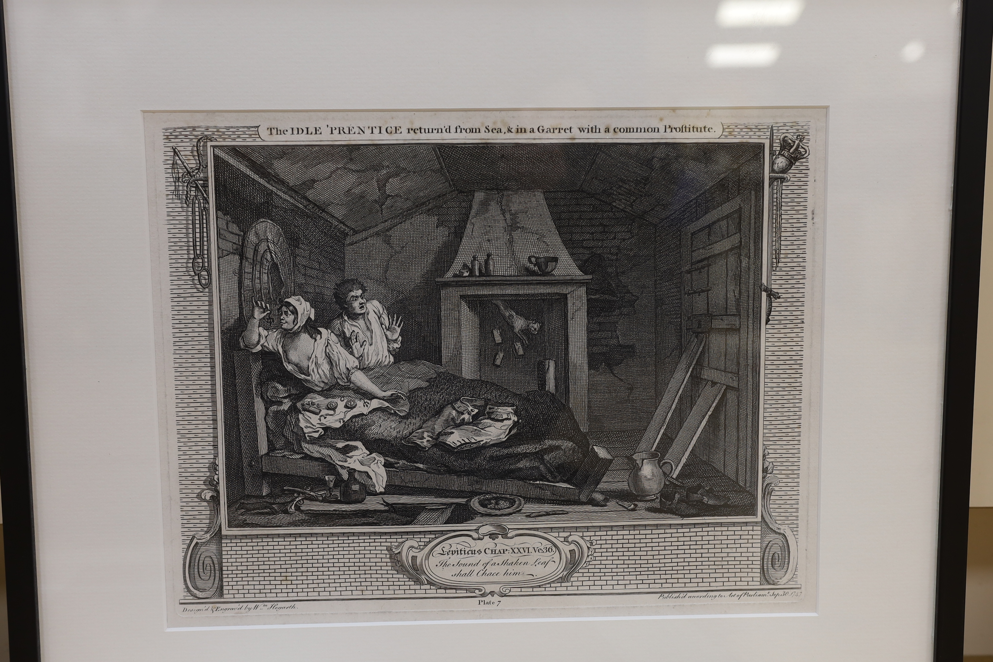 Five 18th/19th century prints including after William Hogarth, engraving, ‘The Idle Prentice, Publ. 30th Sept 1747, After Peter Lely, engraving, ‘William Temple’, together with a plan of Aldgate Ward, largest 33 x 35cm (